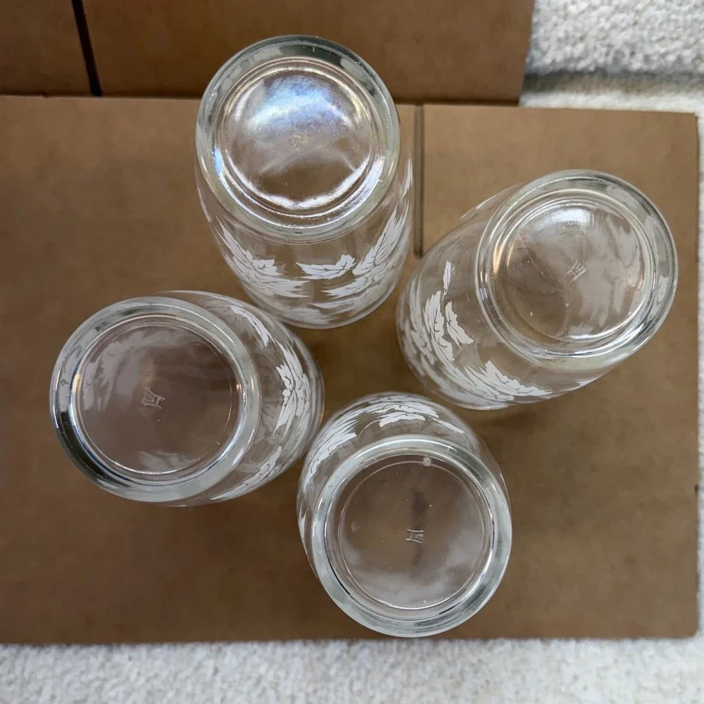 Vintage‎ Hazel Atlas Frosted White Maple Leaf Glass Tumblers Set of 4 MCM 6 inch